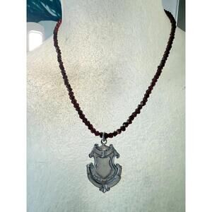 Handmade Garnet Necklace with Vintage Sterling Silver Shield Pendant.